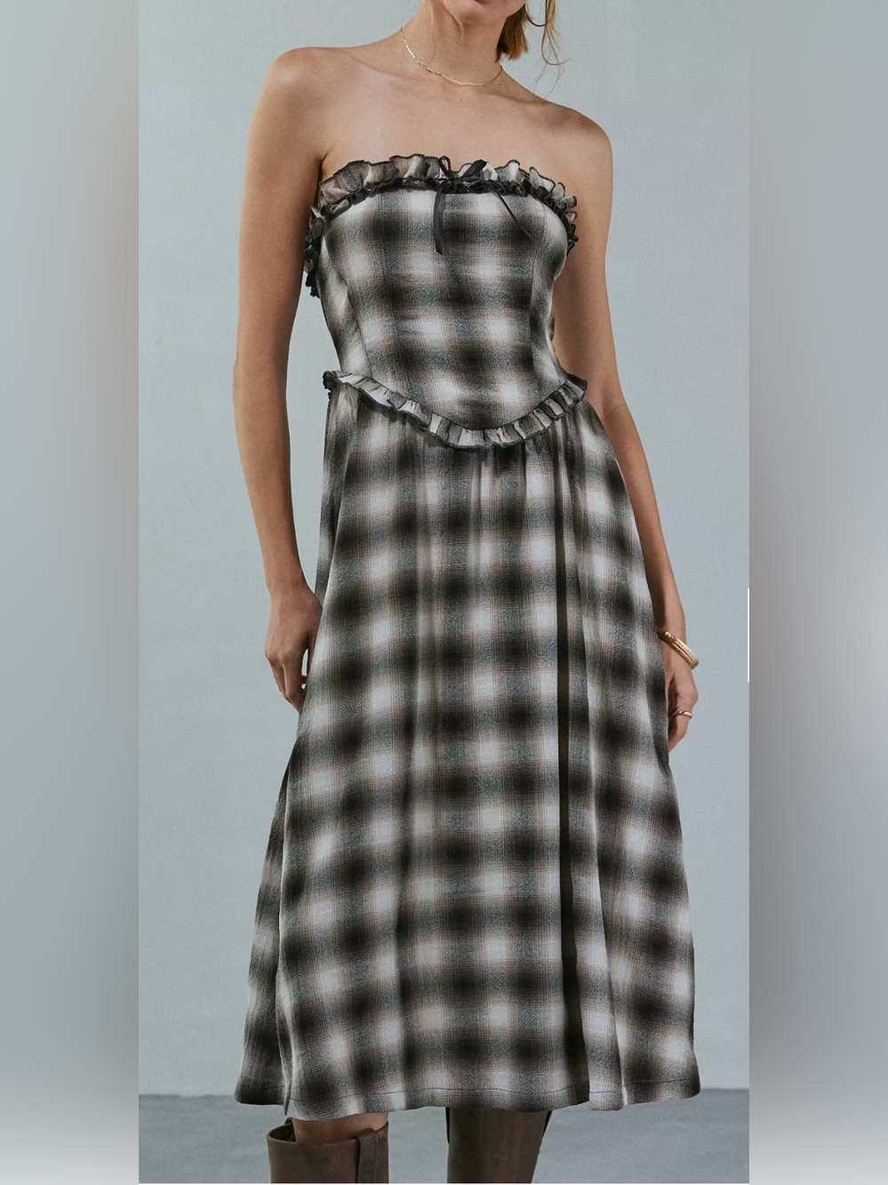 Urban Outfitters Kimchi Blue Strapless Andy Plaid Midi Dress in Black and Cream
